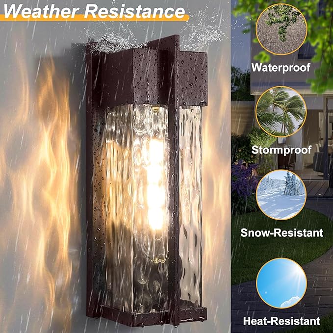 18IN Modern Exterior Lighting Fixtures(T300 Bulb Included) Dusk to Dawn Outdoor Lighting Waterproof Rippled Glass Wall Sconces Open Bottom Outside Lights for House Porch Garage(Bronze)