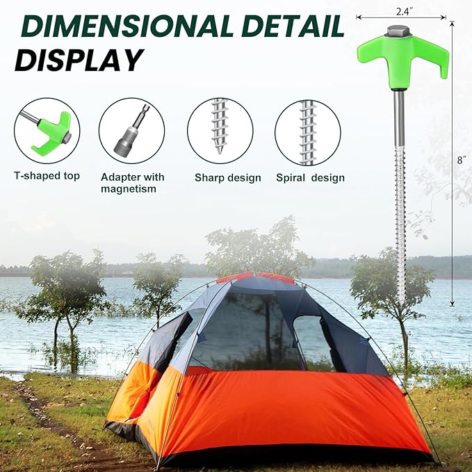 12 Pack 8 Screw in Tent Stakes Heavy Duty- Ground Anchors Screw- Tent Pegs Camping Stakes- Hex Pegs Drillable Tent Stakes and Hexagon Head Drive and Storage Box(Green)