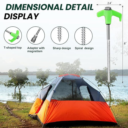 12 Pack 8 Screw in Tent Stakes Heavy Duty- Ground Anchors Screw- Tent Pegs Camping Stakes- Hex Pegs Drillable Tent Stakes and Hexagon Head Drive and Storage Box(Green)