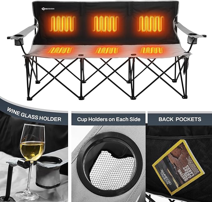 ANTARCTICA GEAR Heated Double Camping Chair with 12V 15000mAh Battery Pack - Heavy-Duty XL Folding Bench for Outdoor Campsites Tailgating - Portable Heated Seating with Adjustable Warmth
