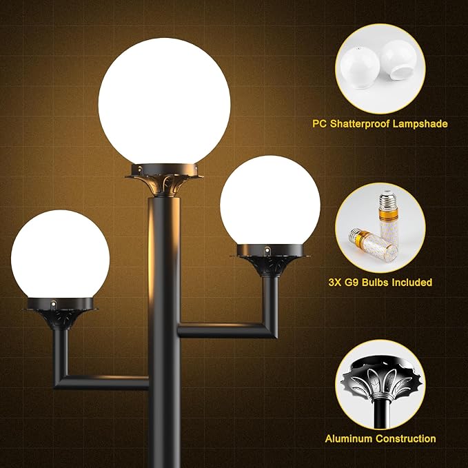 79'' Outdoor Post Lights Waterproof Triple Head Street Light Pole Lamp for Outside3Pcs 10W LED Bulbs Included Waterproof Outdoor Post Light Fixtures for Garden/Yard/Patio/Driveway