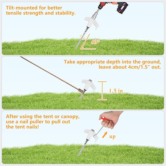 10 Pcs 8 Heavy Duty Drill Tent Stakes with Storage Bag Glow-in-The-Dark Ground Anchor Peg Metal Threaded Screw-in Tent Stake for Camping Swing Canopies with 1 Hex Nut Driver Peg Puller