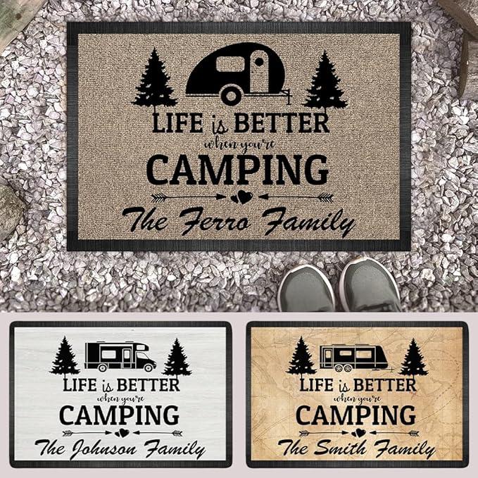 Personalized Campsite Doormat - Life is Better When You are Camping Custom Family Name Door Mat RV Accessories for Inside Outside Funny Rugs Decorations Travel Trailers 16 x 24 inches