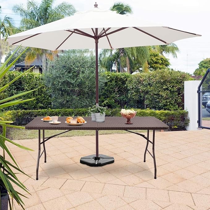 Tangkula 6Ft Rattan Folding Table Indoor Outdoor Portable Foldable Table with 1.8 Inch Umbrella Hole Heavy Duty Metal Frame Carrying Handle for Camping Picnic Backyard BBQ