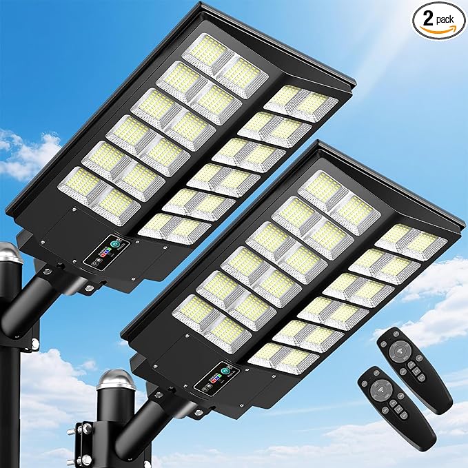 JWT 2 Pack 30 Large Solar Street Light 9000W Solar Street Lights Outdoor 320000LM6500K Commercial Parking Lot Light Solar Flood Outdoor Lights IP66 Waterproof with Motion Sensor