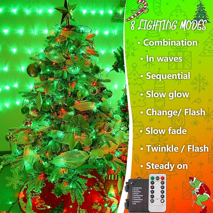 YEGUO Christmas Lights Battery Operated 2 Pack Each 33ft 100 LED Red and Green String Lights Outdoor Waterproof 8 Modes Green Wire Fairy Light Indoor with Remote