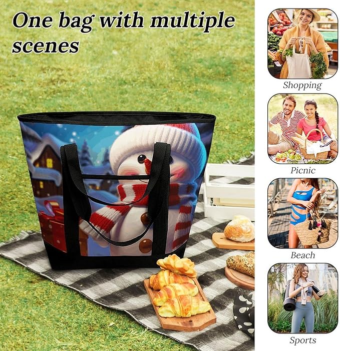 Insulated Shopping BagLarge Reusable Cooler Bags Cute Snowman Printed Foldable Shopping BagTravel Waterproof Shoulder Bag