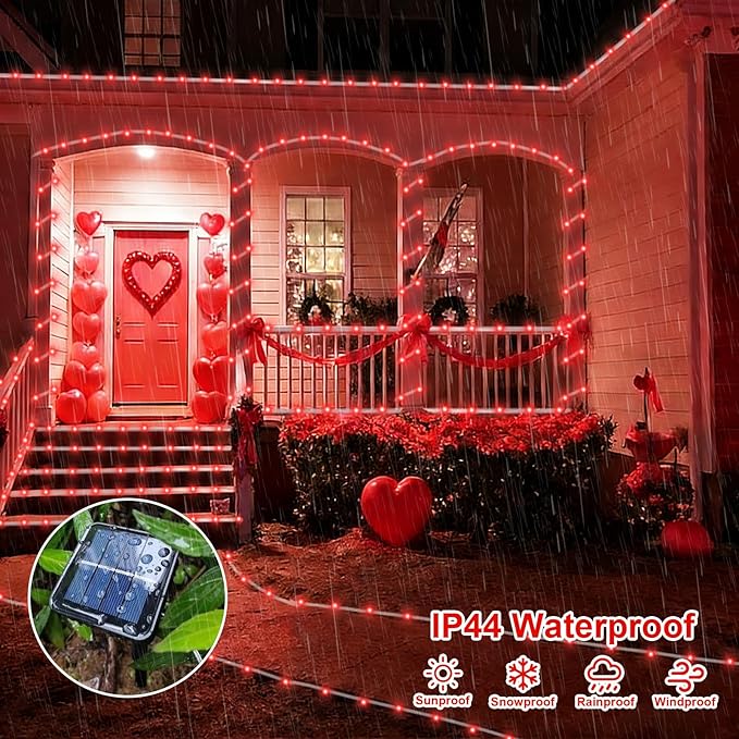 QITONG Red Solar Rope Lights Outdoor 2 Pack Each 33ft 100LED String Light 8 Modes Fairy Lights in Clear Thin Tube with 8 Modes