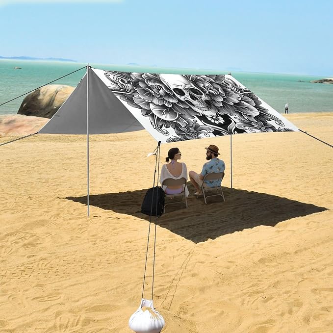 Tattoo Design Beach Tent Sun Shelter 9.2' x 10.5' Beach Canopy with 4 Sandbags 4 Stability Poles Sand Shovels - Tent Canopy for Beach Camping Fishing Picnics