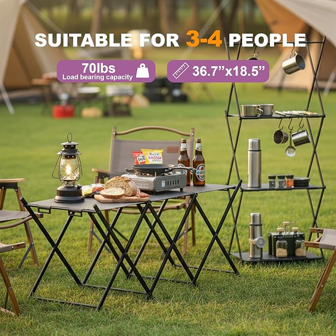 Folding Camping Table &amp Shelf 2-in-1 Portable Aluminum Picnic Table and 3-Tier Storage Rack Lightweight Low Table with Carrying Bag for Outdoor Beach Picnic BBQ and Party