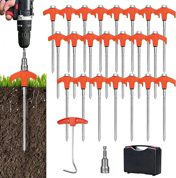 22 Packs Heavy Duty Screw-in Tent Stakes Kit Orange 8 Inch Ground Anchors Camping Stakes Metal Tent Pegs with Hex Socket T Pull Hook &amp Storage Case
