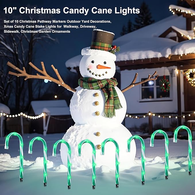 10 Christmas Candy Cane Lights - Set of 10 Pathway Markers Christmas Outdoor Yard Decorations Green Xmas Candy Cane Stake Lights for Lawn Walkway Garden Xmas Party Indoor Ornaments