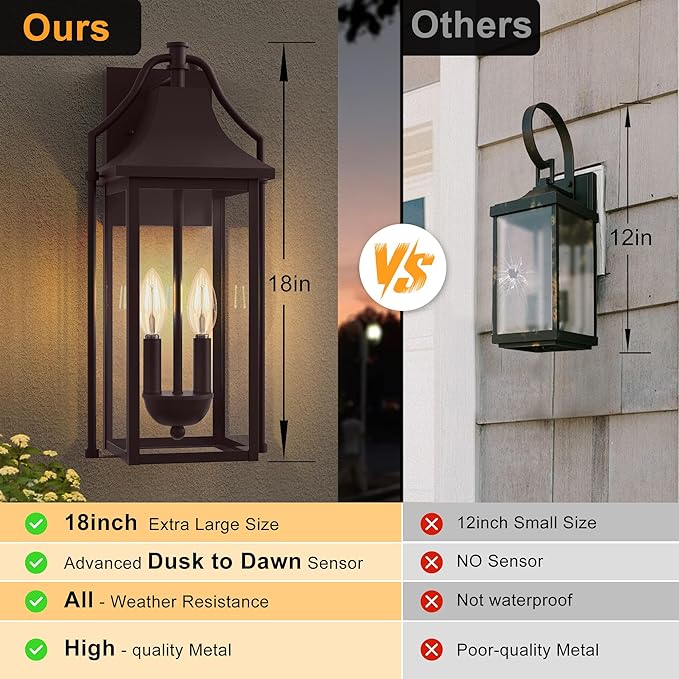 𝟏𝟖𝑰𝑵 Outdoor Wall Sconce Fixtures Dusk to Dawn Patio Lights Waterproof Exterior Lanterns 2-Light Modern Wall Light Mounted with Glass Brown Outside Lights for House Front Door Decor