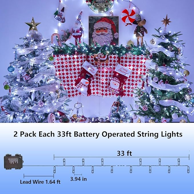 YEGUO Christmas Lights Battery Operated 2 Pack Each 33ft 100 LED White String Lights Outdoor Waterproof 8 Modes Green Wire Fairy Light Indoor with Remote