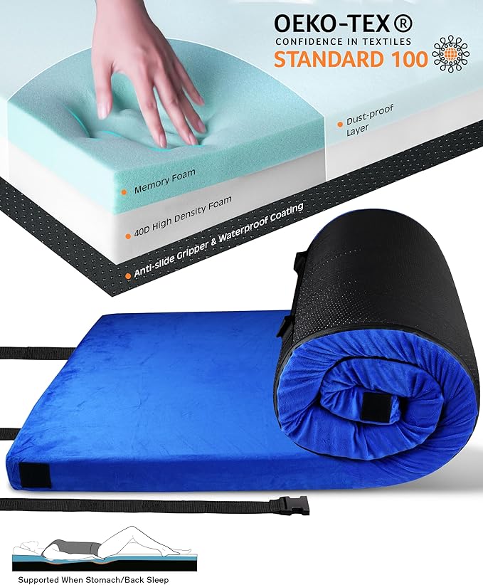 3 Inch Memory Foam Camping Mattress Dual Layer Thick Sleeping Camp Pad for Car Tent Cot Roll-Up Portable Glamping Floor Bed for Guests Sleepover