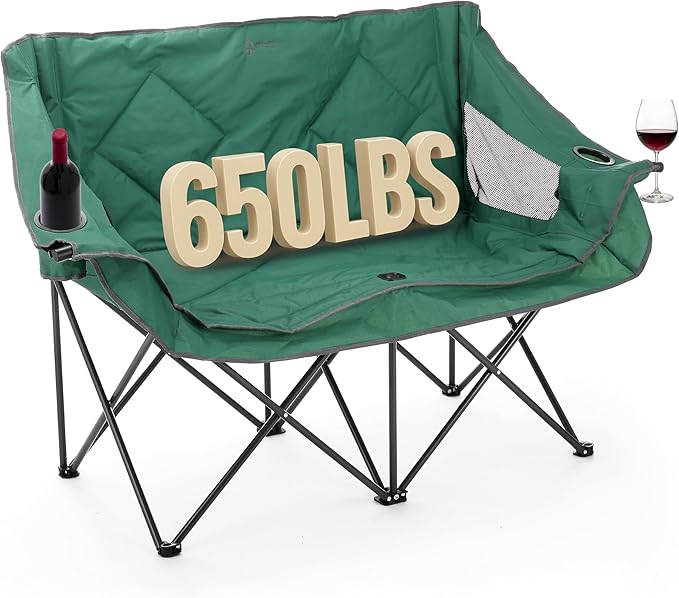 ARROWHEAD OUTDOOR Portable Folding Double Duo Camping Chair Loveseat w/ 2 Cup &amp Wine Glass Holder Carrying Bag Supports up to 500lbs