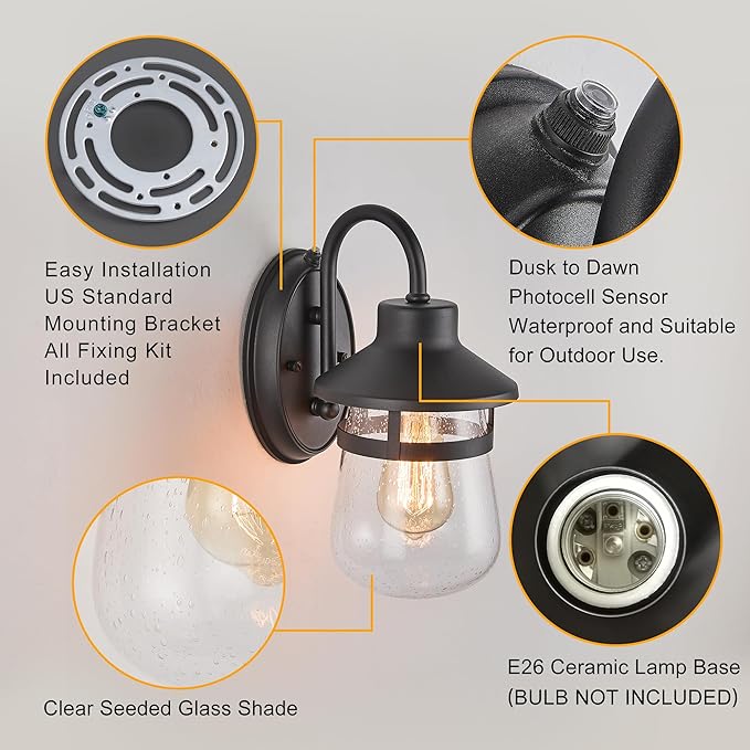 Classic Updated Dusk-to-Dawn Outdoor Light. Outside Exterior Porch Wall Light Fixture in Textured Black. Anti-Rust and Waterproof Wall-Mounted Lantern. Outside Light for House Front Door.