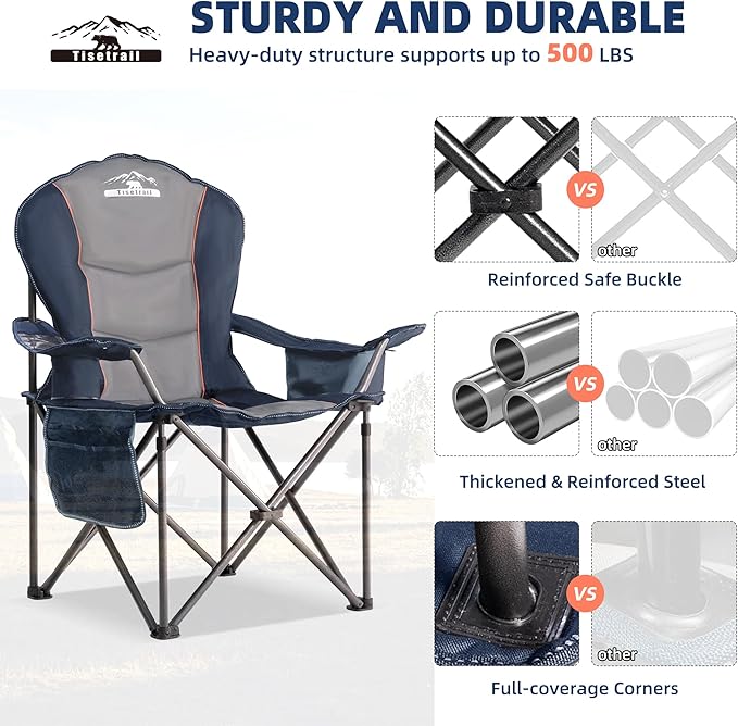 Camping Chairs Oversized Padded Folding Camping Chair with Lumbar Back Heavy Duty 500 lb Support Collapsible Chair with Cooler Bag Cup Holder for Outdoor Garden Beach Fishing 1 Pack Gry