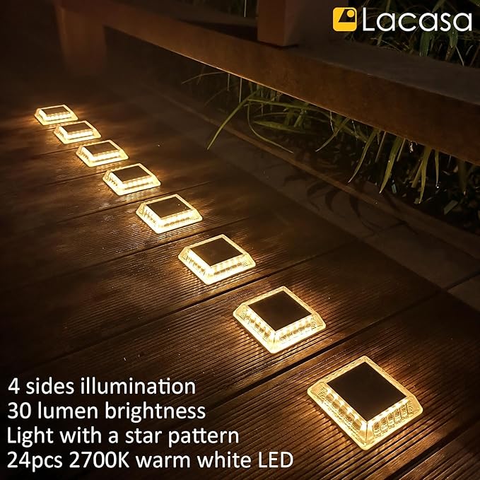 Lacasa Solar Deck Lights 8 Pack 30LM LED Dock Lights Warm White 2700K Outdoor Solar Powered Step Lights Light up All Night IP68 Waterproof Auto ON/Off for Garden Stairs Driveway Pathway Lighting