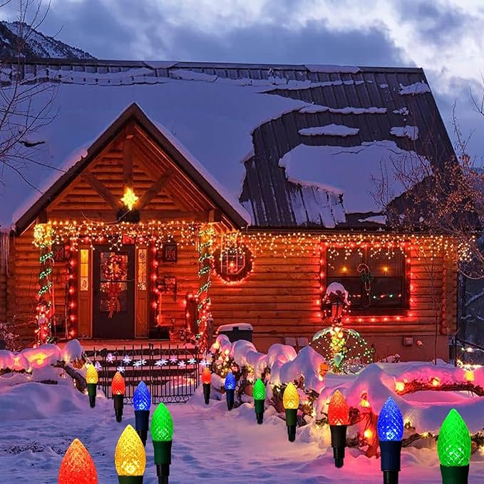 Solar Christmas Pathway Lights 20 LED C9 String Lights with 20 Stakes 23FT Solar Powered Multicolored Decorations for Roof Yard Patio Walkway Driveway