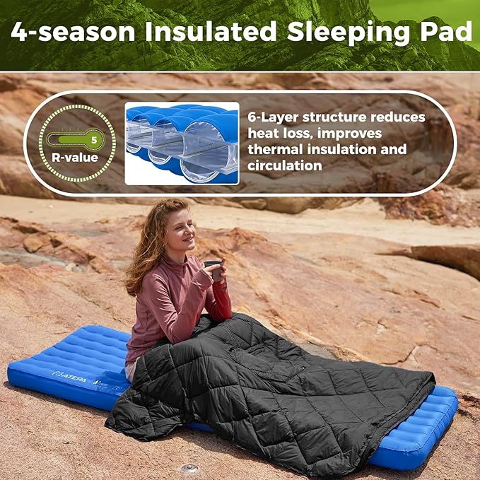 ATEPA ThermAir Pro Backpacking Inflatable Sleeping Pad 5 R-Value Insulated Ultralight Portable Sleeping Pad Thick Camping Mat with Stuff Sack for Camping Backpacking Tent Wide Long Size 77.5x25.6