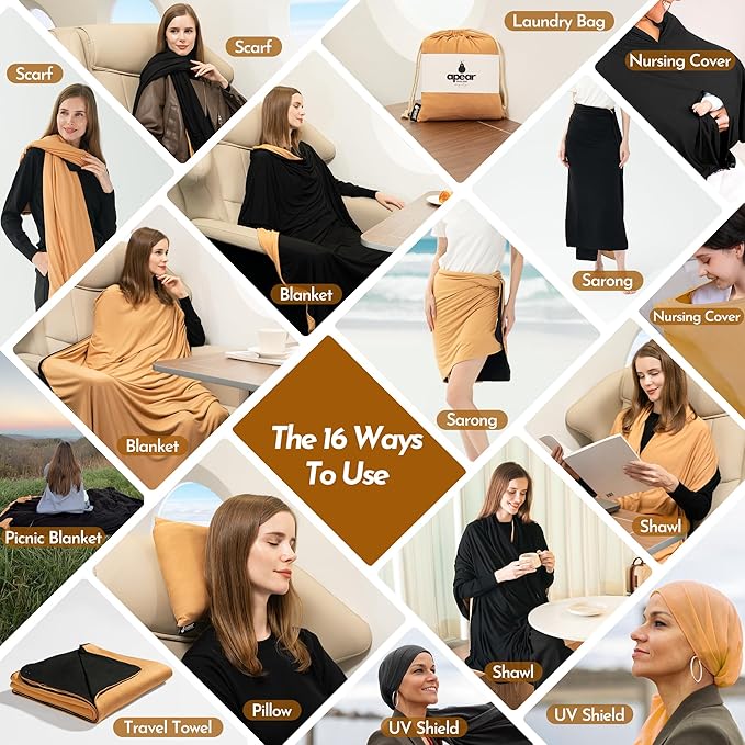 16-in-1 Compact Travel Blanket with Bag – Reversible Ultra Soft Bamboo Airplane Blanket with Hidden Pocket – Packable for Flights &amp Travel Essentials (Semi-Weighted Double Layer)