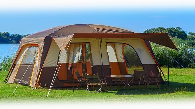 KTT Extra Large Tent 12-14 PersonFamily Cabin Tents2 RoomsStraight Wall2 Doors 4 Windows with MeshWaterproofStraight WallBig Tent for OutdoorPicnicCampingGathering(Brown)