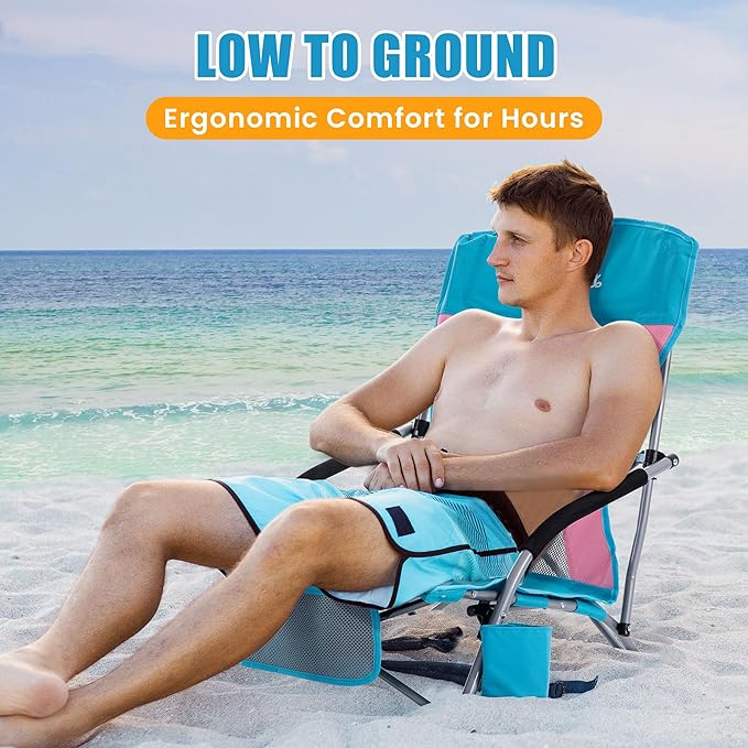 Lamberia Folding Beach Chair for Adults Portable Low Beach Chairs with 300lbs Capacity Lightweight Fodable Camping Chair for Travel Picnic Concert &amp Outdoor Activities Blue-Pink