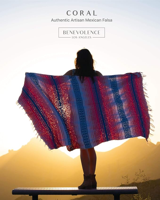 Benevolence LA Authentic Handwoven Mexican Blanket | Yoga Blankets Outdoor Picnic Beach Camping | Equestrian Saddle | Serape 50x70 inches - Coral Pack of 1