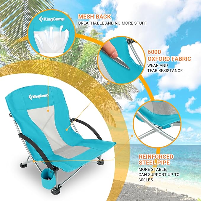 KingCamp Low Beach Chair Folding Portable Lightweight Backpack Chair for Adults with Cup Holder Pocket Carry Bag for Outdoor Camping Concert Festival Travel Sports Lawn Sand Cyan