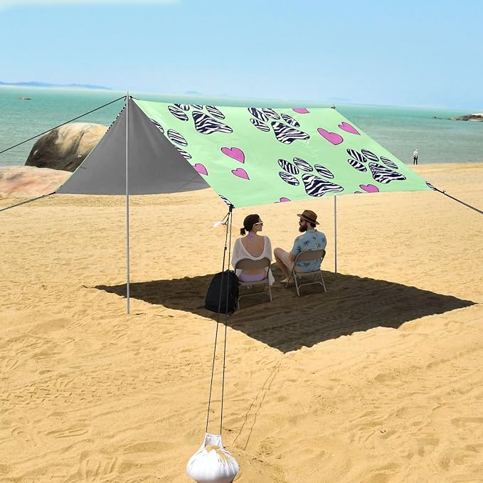 Bolaz Beach Canopy Tent Sun Shade9'×10.5' Large Family Beach Shade UPF50+- Outdoor Shade for Camping Trips FishingFootprint Love Pattern