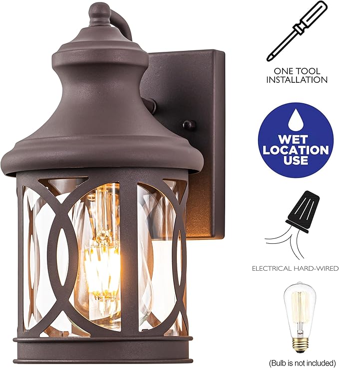 2-Pack Outdoor Wall Lights Porch Lights Waterproof Outdoor Wall Sconce Exterior Light Fixture Bronze Finish with Clear Glass Shade for Garage Patio Front Door Balcony