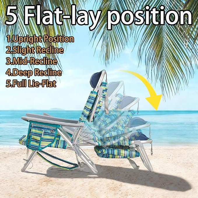Aluminum Backpack Low Profile Beach Chair - 5-Position Lay Flat Reclining Folding Chair with Removable Cooler Bag - Heavy Duty 330 lbs Capacity Lightweight Portable Sand Seat - Striped Green