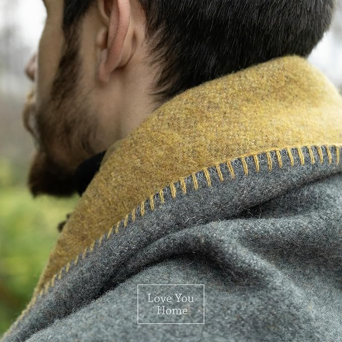 LYHome Merino Wool Blanket - Outdoor Camping and Hiking Throw Extra Warm Army Military &amp Hunting Blankets for Cold Weather Warmest Plaid Pure Sheep Wool (59 x 84 | Mustard - Gray Double-Sided)