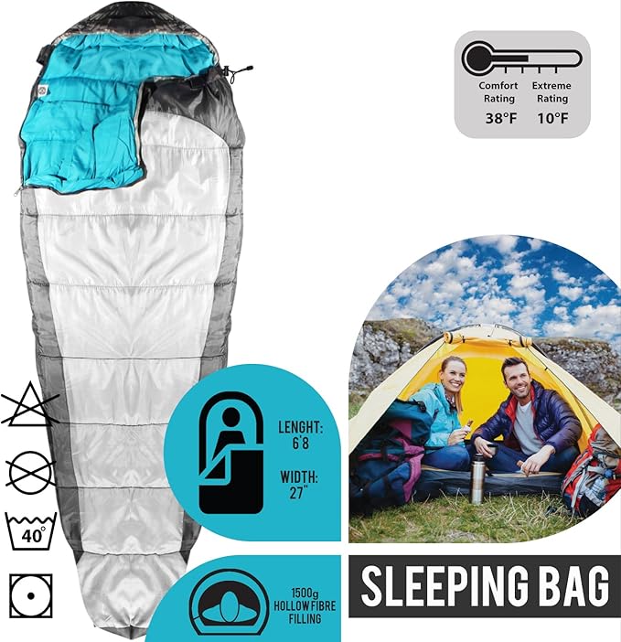 KHOMO GEAR Sleeping Bag Mummy Style - 3 Season - Camping &amp Outdoors - Grey