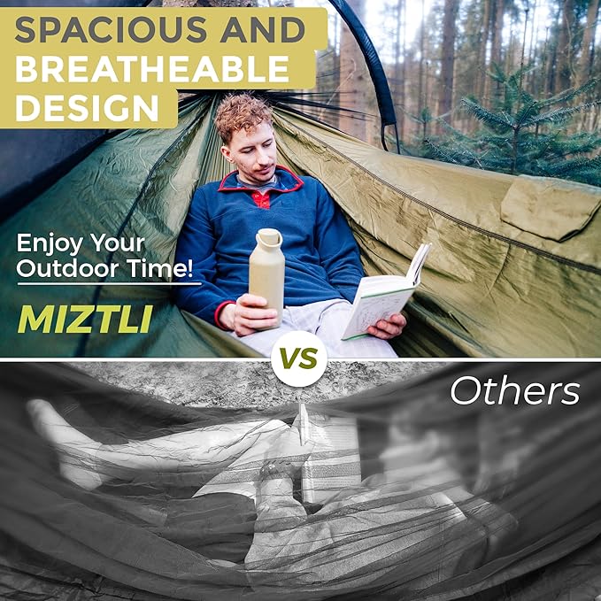 Miztli Camping Hammock -Portable Hammock w/Spacious Net &amp Tree Straps w/Adjustable Loops Double and Single Hammock for Outdoor Indoor Hiking and Travel