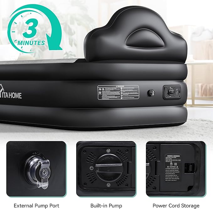 YITAHOME Twin XL Size Air Bed with Integrated Pump and Headboard 18-inch Blow-Up Mattress Including Extra Inflation Valve Carry Bag and Repair Kit Ideal for Travel Camping and Guest (Black)