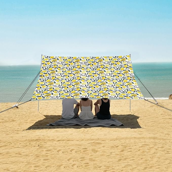 ALAZA Lemon Leaf Beach Tent Sun Shelter UPF50+ Protection Beach Shade Canopy w/ 4 Sandbags for Outdoor Camping Fishing Backyard Fun Picnic 10x9 ft