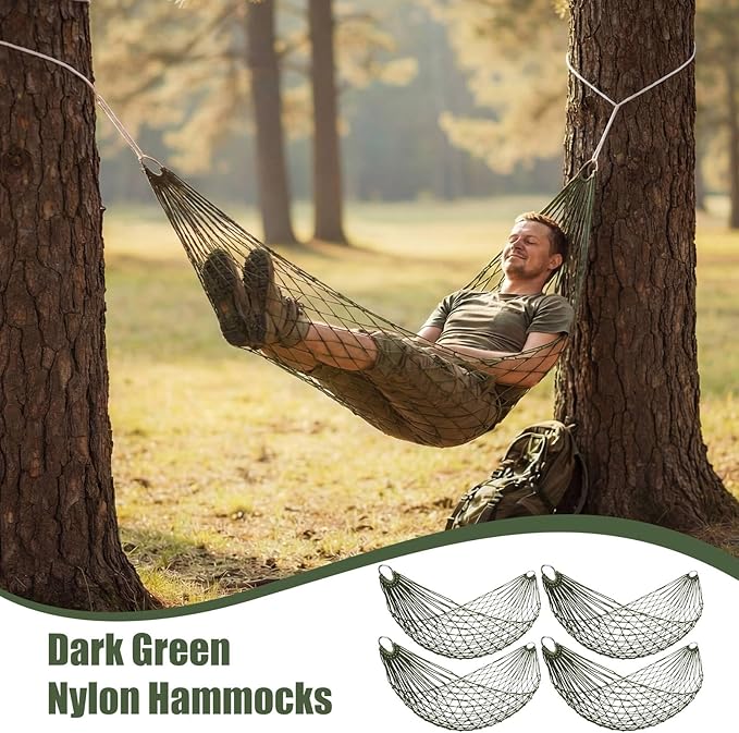 Jerify 4 Pack Mesh Hammocks Set - 98.4 x 31.5 Inches Pine Green Nylon Rope Hammock Each Max 220 Lbs/100 kg Outdoor Hammocks with 2 Straps for Camping Patio Garden