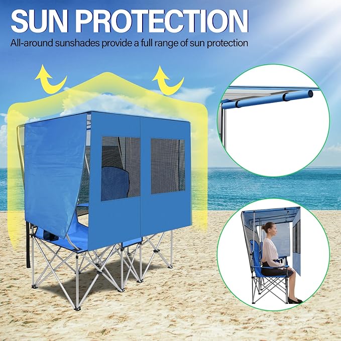 ptlsy Double Camping Chair with Canopy Folding Two-Person Seat Portable Outdoor Loveseat with Shade Folding Chairs for Beach Lawn and Outdoor Activities (Blue)