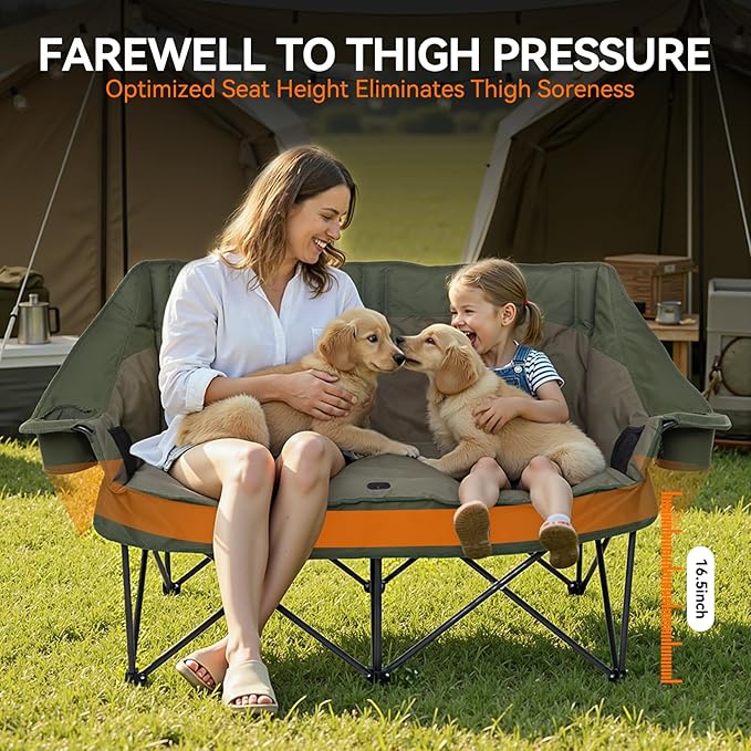 Double Camping Chair Oversized Padded Camping Chairs for Adults Folding Loveseat with Cup Holders and Side Pockets Heavy Duty Outdoor Lawn Chairs for CampingSports FishingBeachGreen
