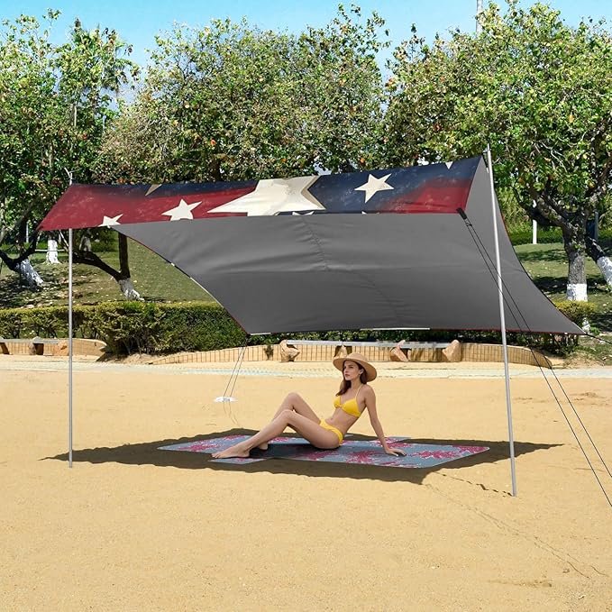 Beach Tent Sun Shelter Stars Red Stripes Lightweight &amp Easy Setup Beach Shade Canopy for Camping Fishing
