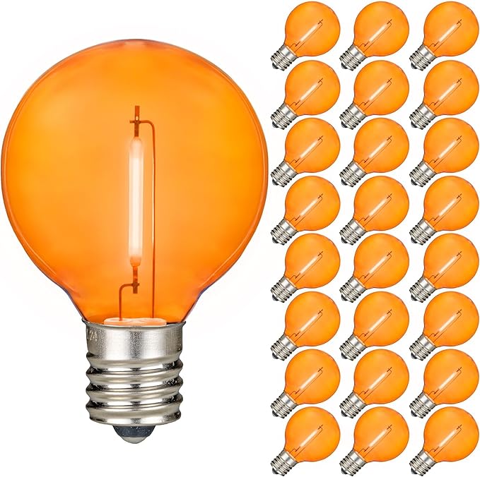 Novelty Lights 25 Pack Orange G40 LED Filament String Light Bulbs E12/C7 Candelabra Base 5 Watt Equivalent Shatterproof Replacement Bulbs for Patios Canopy Lighting