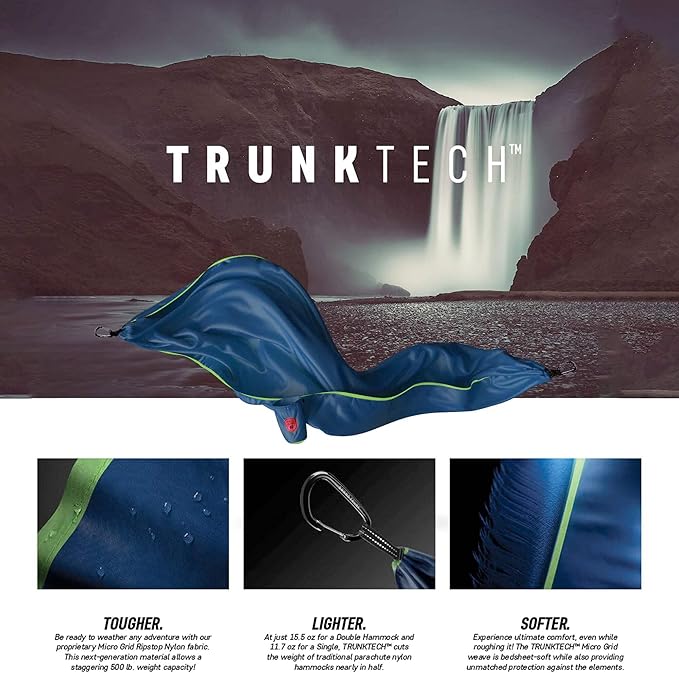 Grand Trunk TrunkTech Single Hammock | Lightweight Ripstop Nylon Camping &amp Travel Hammock 11 ft 500 lb Capacity Includes Carabiners | Green with Aqua Trim