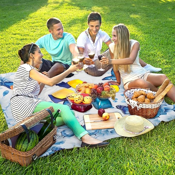 Waterproof Sandproof Beach Blanket 59''×68'' Butterfly Polyester Outdoor Picnic Blanket with 4 Stakes &amp Storage Bag for BeachCampingVacation Light Blue