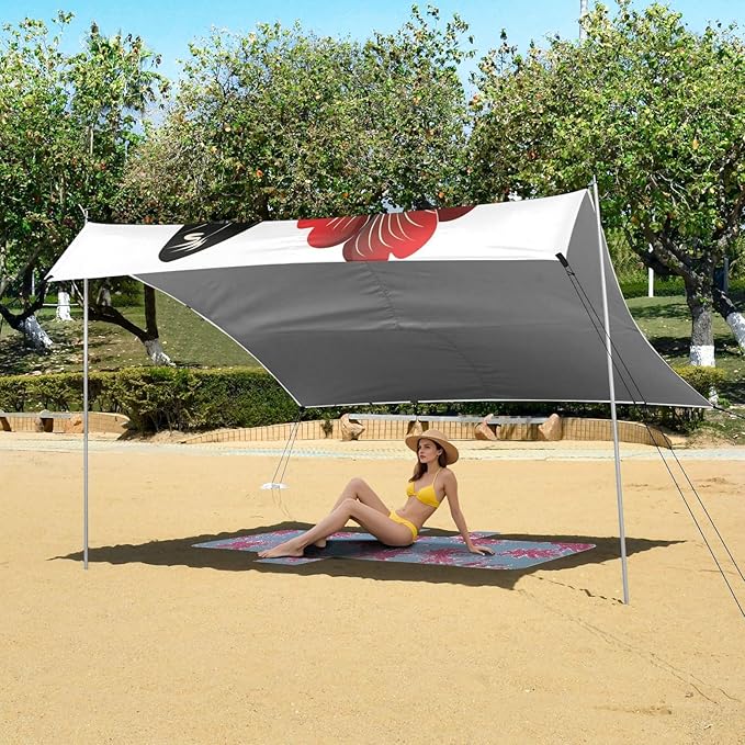 ALAZA Butterfly Red Flower Floral Beach Tent Sun Shelter UPF50+ Protection Beach Shade Canopy w/ 4 Sandbags for Outdoor Camping Fishing Backyard Fun Picnic 10x9 ft