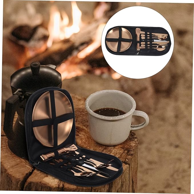 Ciieeo 1Set Outdoor Stainless Steel Tableware with Elegant Finish and Storage Bag for Camping Picnics and Adventures