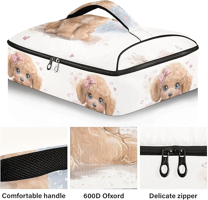Casserole Carrier Beautiful Cute DogInsulated Casserole Carrier for Hot or Cold Food Thermal Lunch Tote for Potluck Parties Picnic Beach Fits 9 x 13 Inches Baking Dish