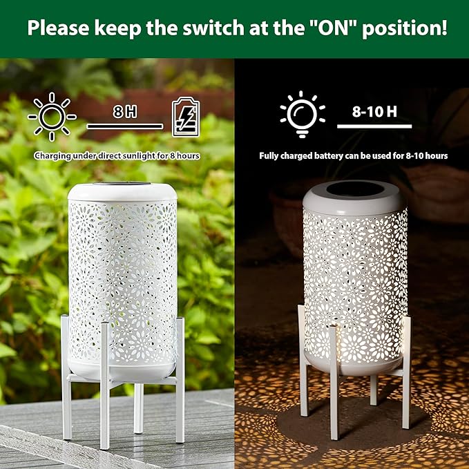 Glitzhome Solar Lantern White Metal Cutout Flower Pattern Outdoor Hanging Solar Light with Stand for Garden Patio Yard Outdoor Decor
