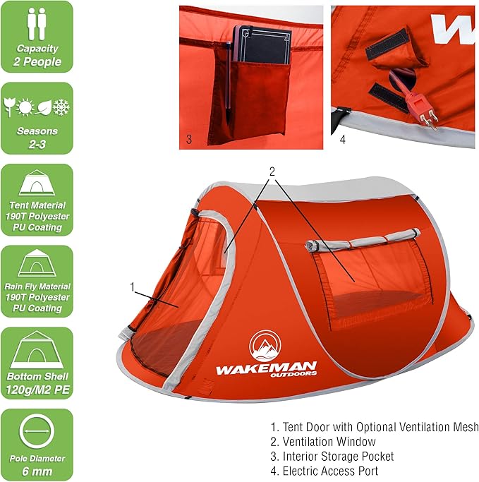 Pop-up Tent 2 Person Water Resistant Barrel Style Tent for Camping with Rain Fly and Carry Bag Sunchaser 2-Person Tent by Wakeman Outdoors (Red)